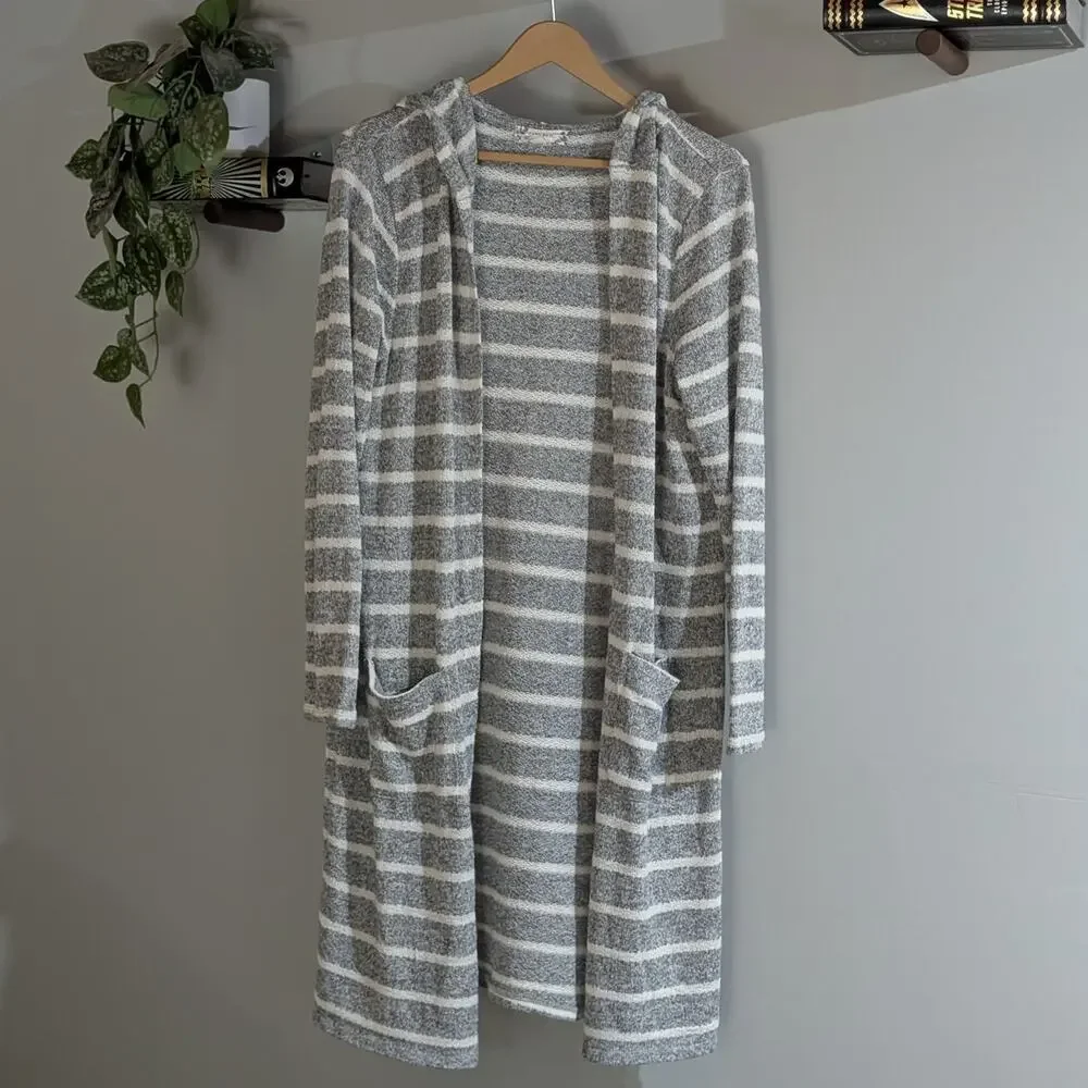 Pink Rose | Gray Stripe Hooded Long Knit Cardigan | Women's Size XL